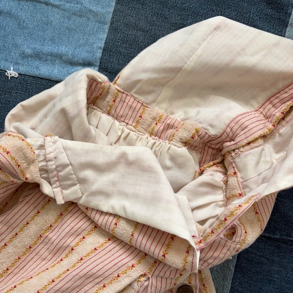 vtg 70s dress ruffle hem deep vneck striped embroidered pink cream green - Picture 11 of 11